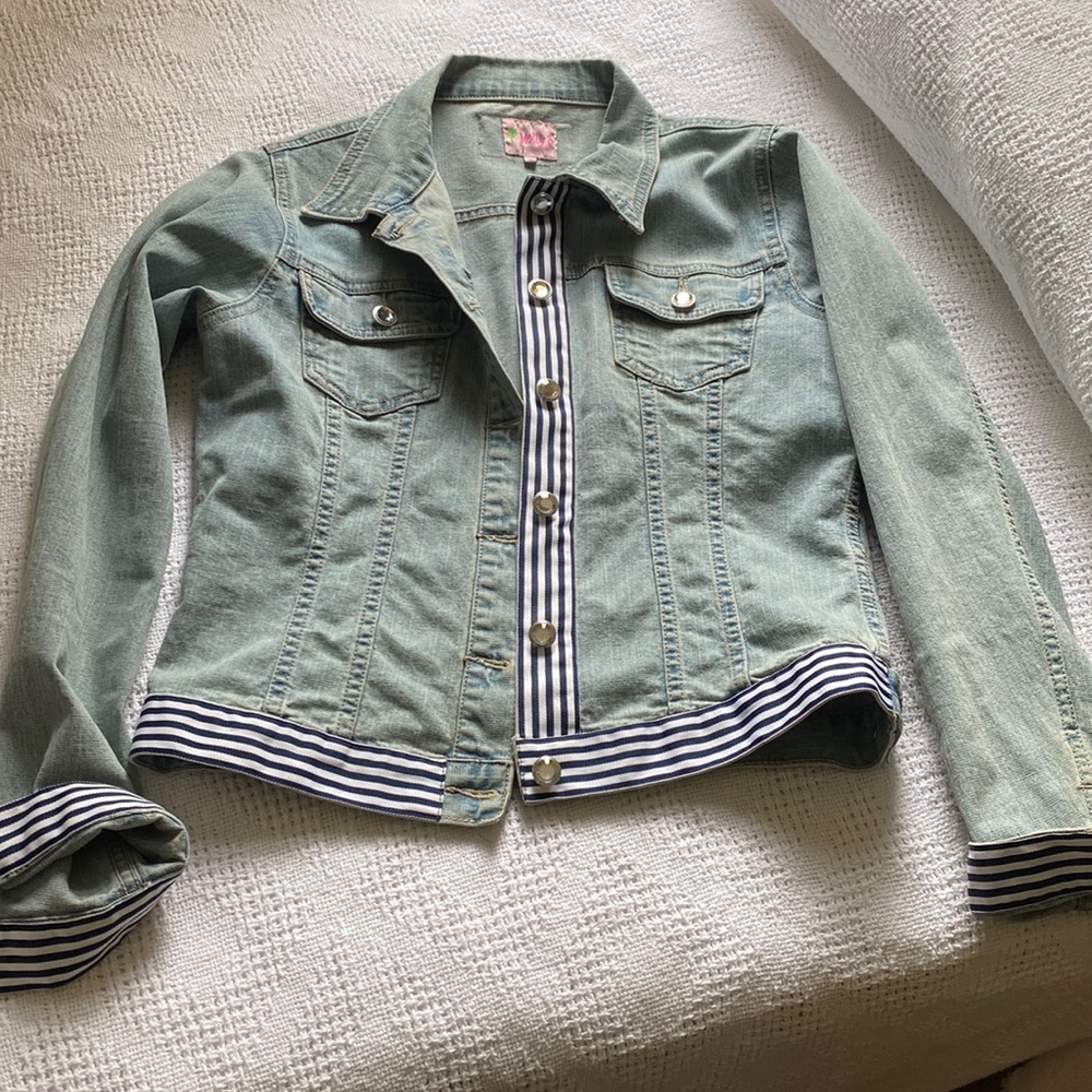 Vintage Molly B Preppy Jean Jacket Rhinestone Buttons Ribbons Trim S